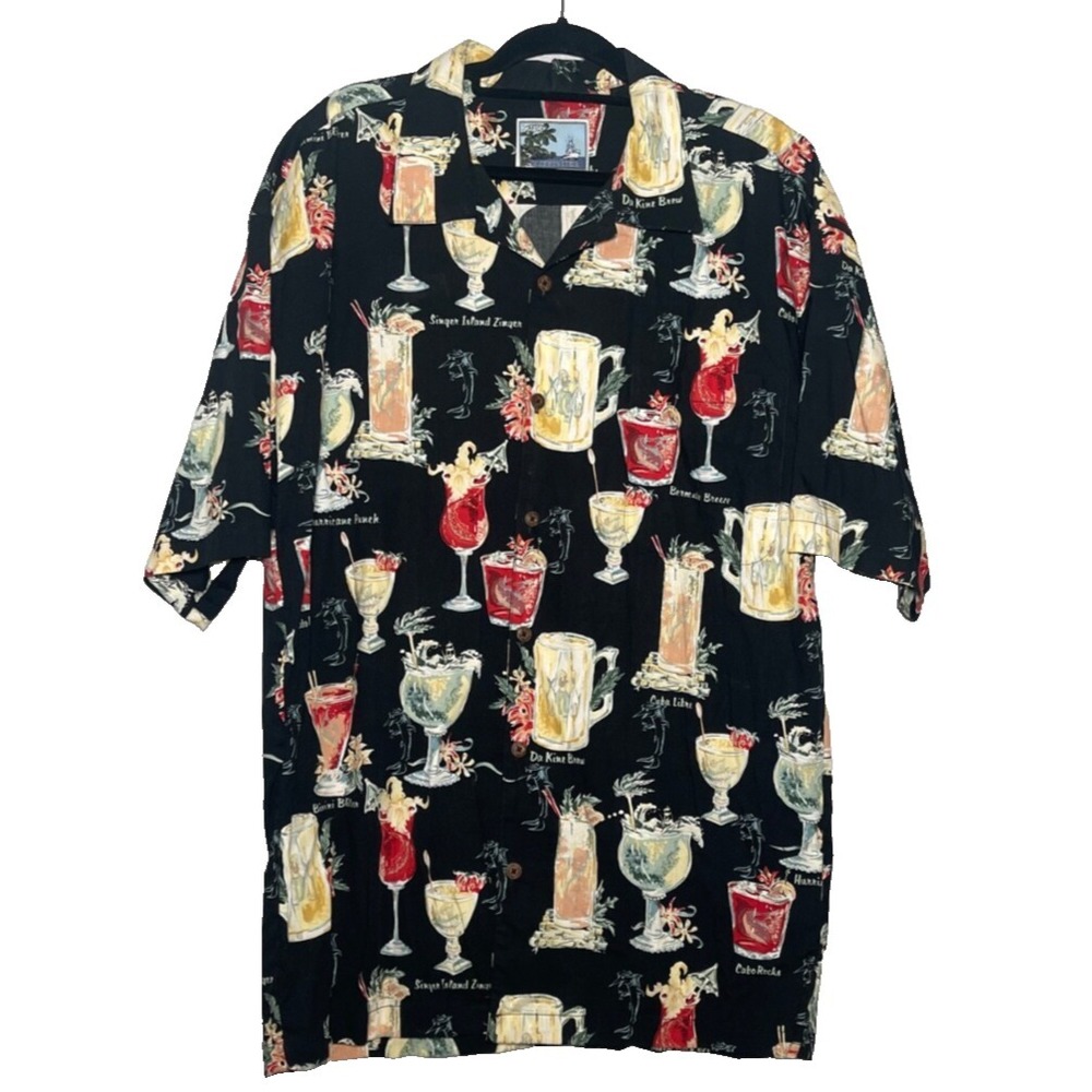 AFTCO Bluewater Hawaiian Shirt Mens XXL Black Cocktails AOP Happy Hour Vacation